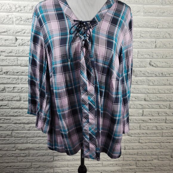 Cato Est 1946 Women Top 18W 20W Lace Up 3/4 Sleeve Blue Plaid PLA56E - Picture 4 of 8